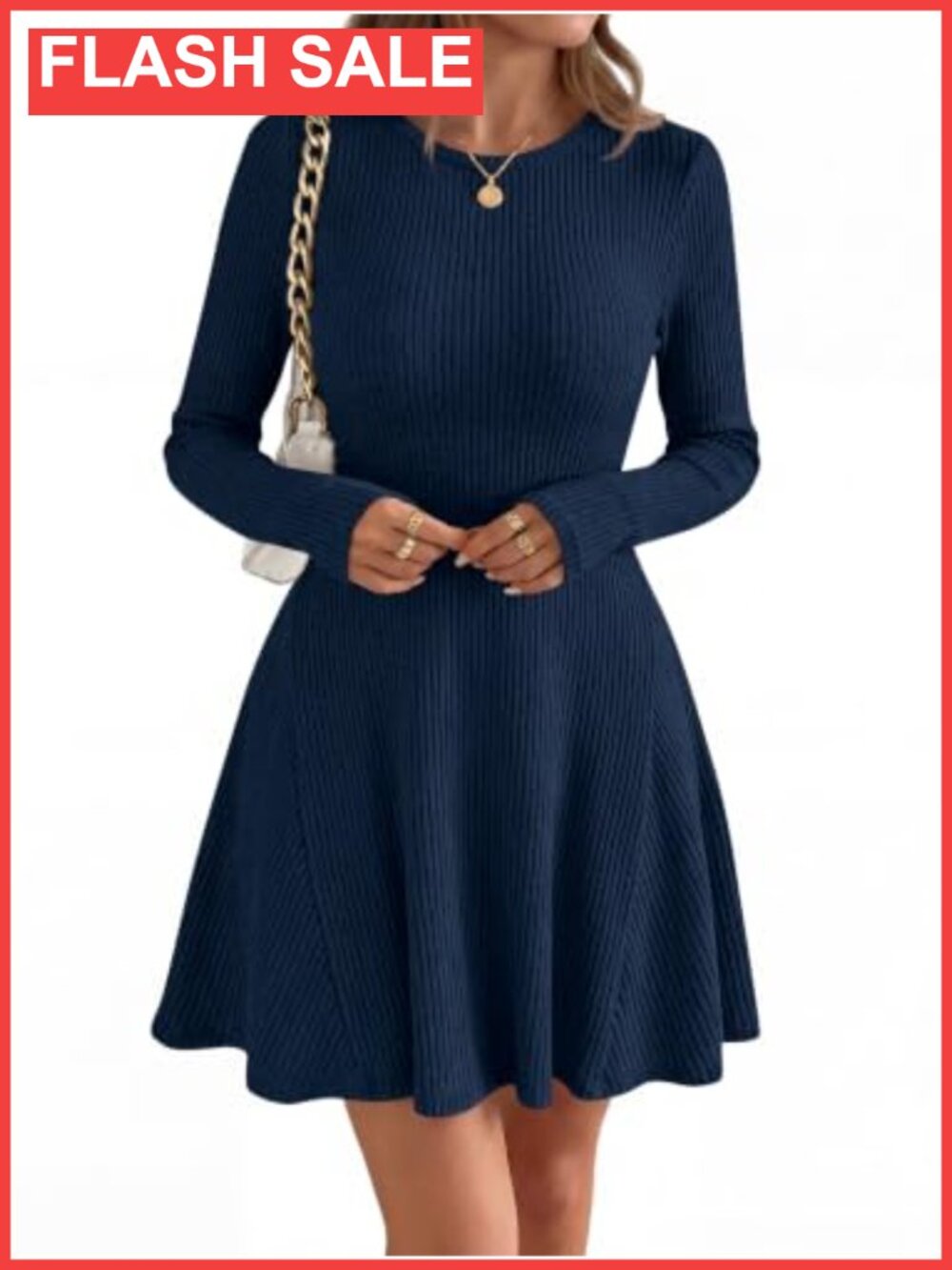 Womens Ribbed Knit Long Sleeve Mini Sweater Dress A Line Fit Flare